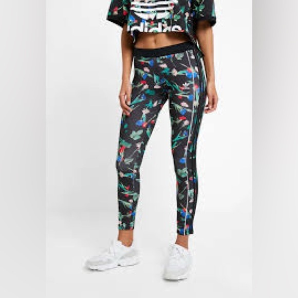 Adidas Triple Stripe Floral Leggings Small - Picture 1 of 12
